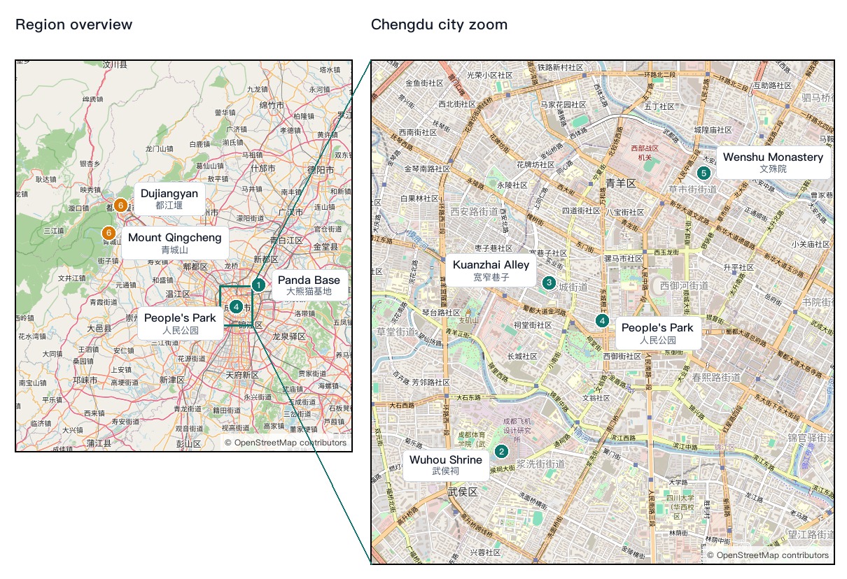 Side-by-side Chengdu region overview and city zoom maps with numbered attraction dots