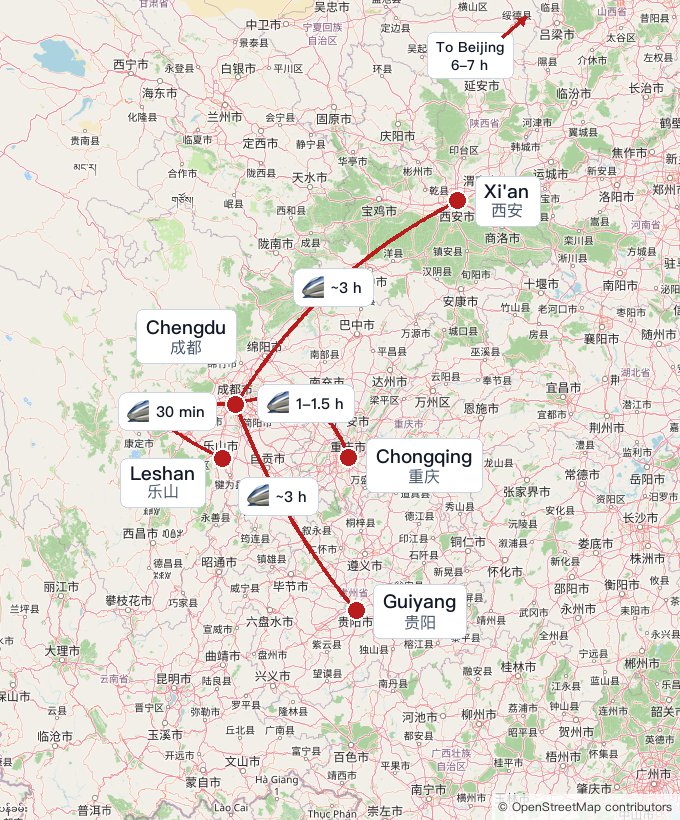 High-speed rail travel times from Chengdu to Chongqing, Xi'an, Guiyang, and Leshan, with Beijing shown as a directional arrow