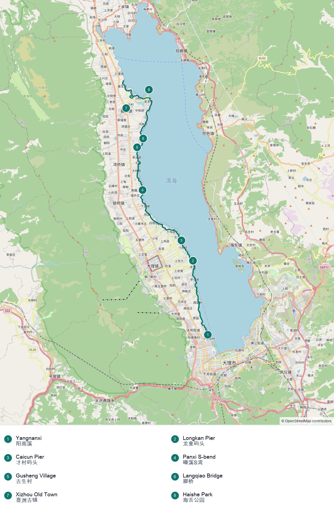 Static map of the Erhai Ecological Corridor from Yangnanxi to Haishe Park with 8 numbered stops