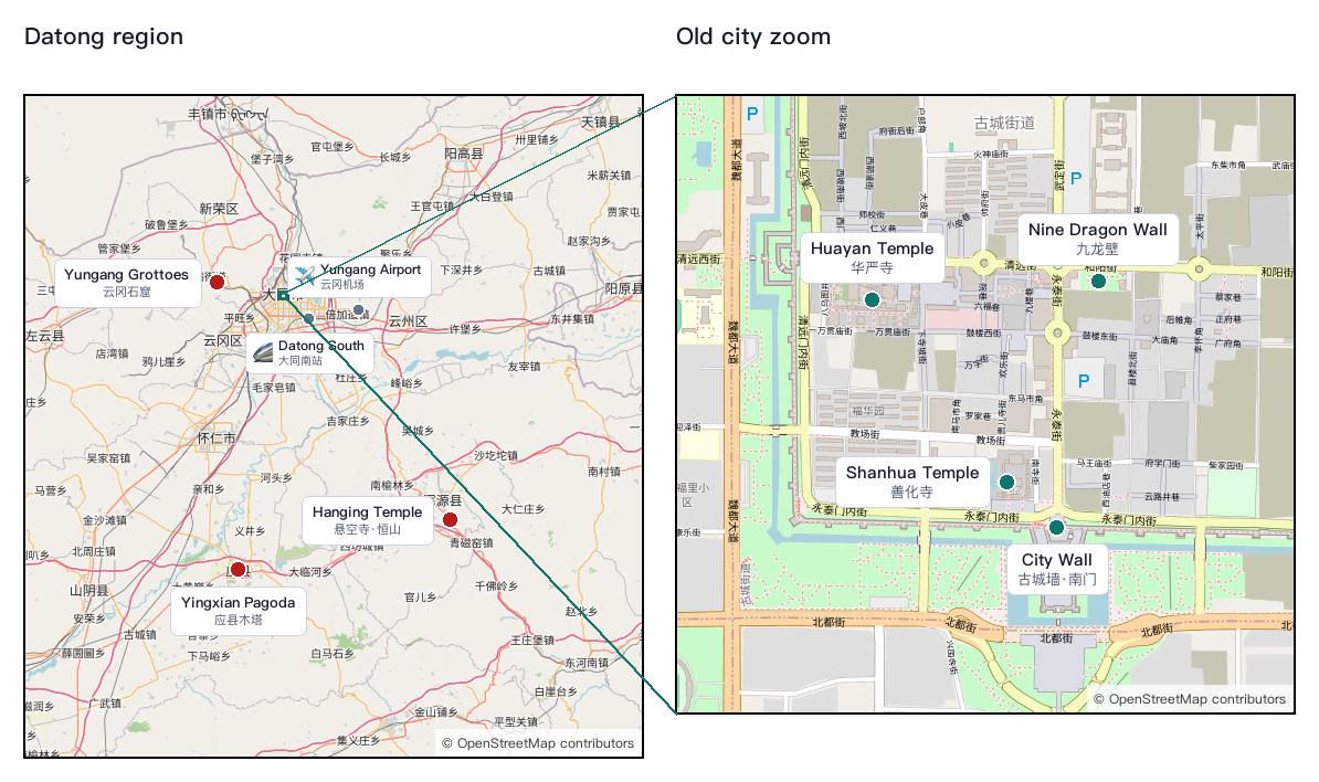 Side-by-side Datong region overview and old city zoom maps with numbered attraction dots