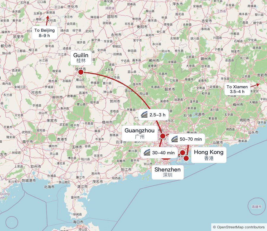 High-speed rail travel times from Guangzhou to Shenzhen, Hong Kong, and Guilin, with Beijing and Xiamen shown as directional arrows