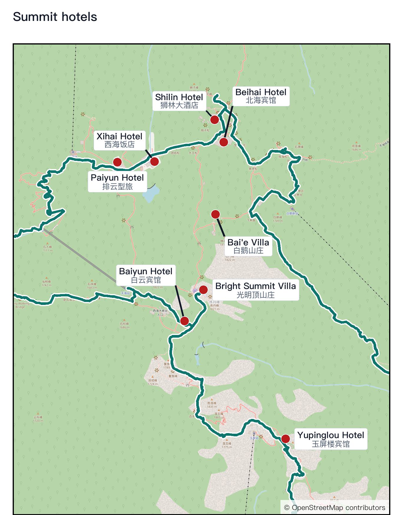 Map of the eight Huangshan summit hotels — Beihai, Shilin, Xihai, Paiyun, Bai'e Villa, Bright Summit Villa, Baiyun, and Yupinglou — positioned along the summit route network