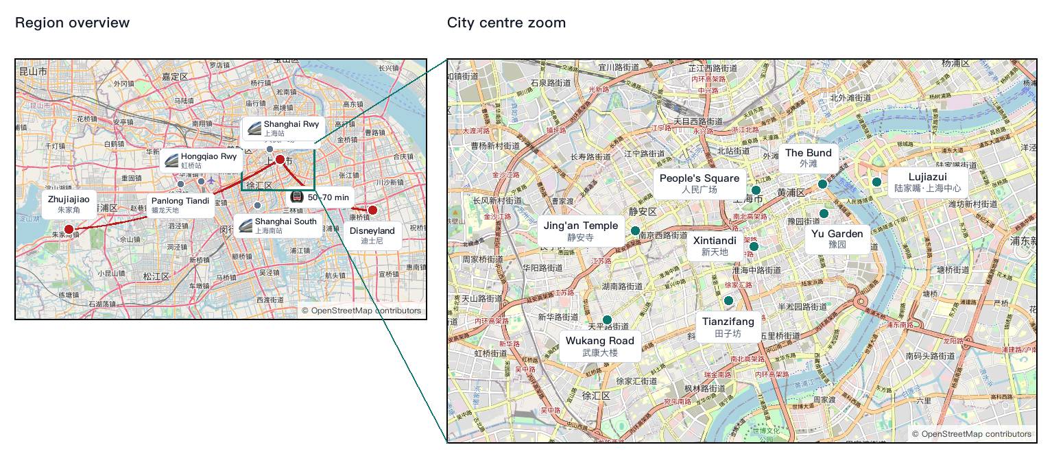 Side-by-side Shanghai region overview and city centre zoom maps with numbered attraction dots, rail station markers, and Panlong Tiandi