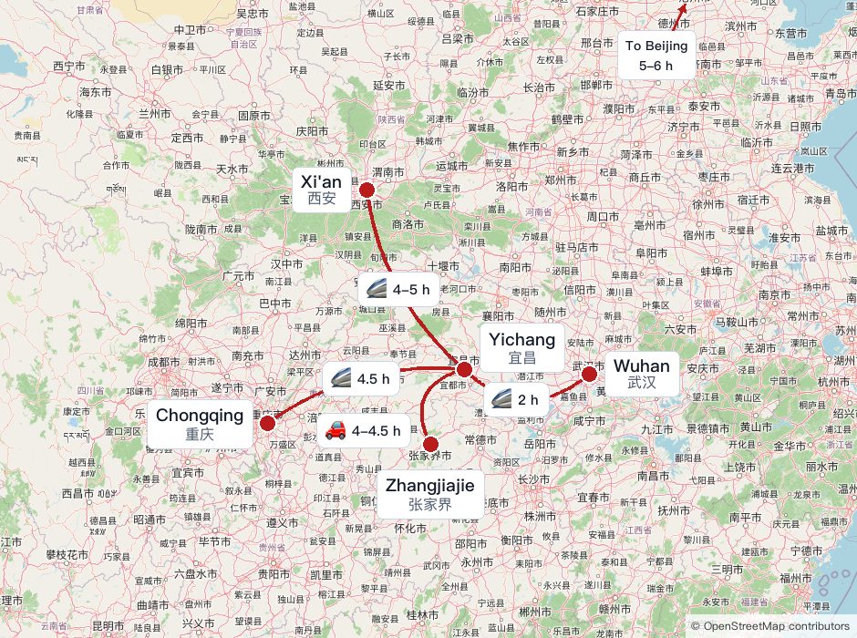 Travel times from Yichang to Wuhan, Chongqing, Xi'an, and Zhangjiajie, with Beijing shown as a directional arrow