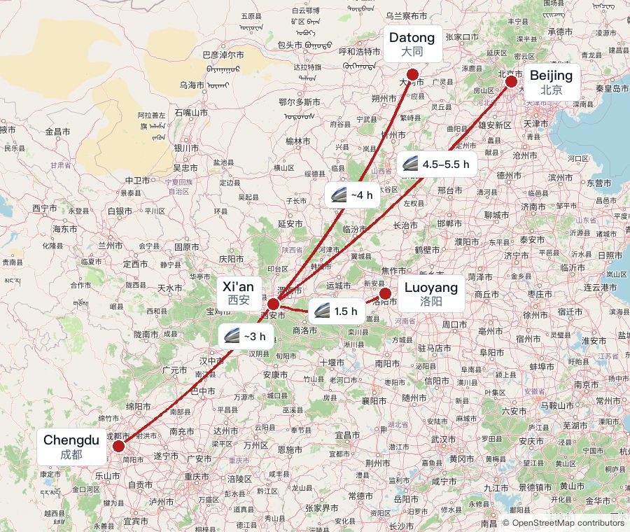High-speed rail travel times from Xi'an to Luoyang, Chengdu, Datong, and Beijing